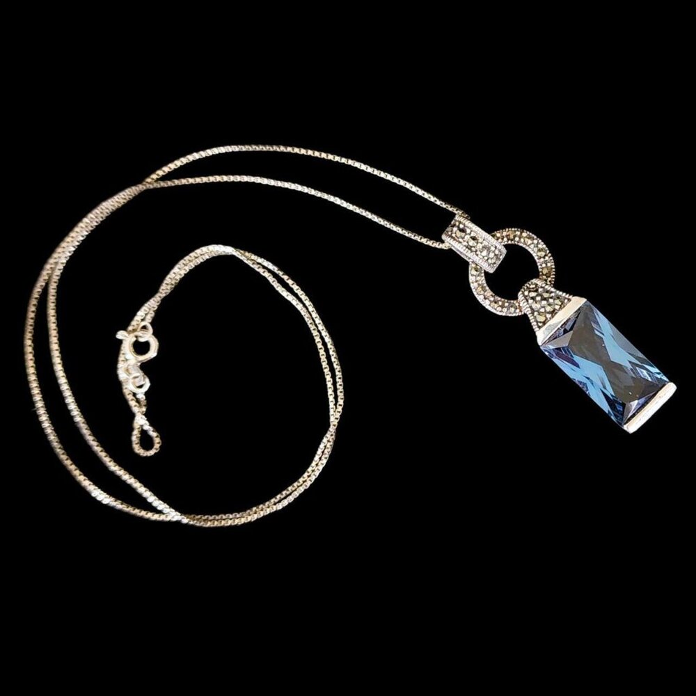 Vintage Y2K Sterling Silver Ocean Blue Topaz & Marcasite Statement Necklace